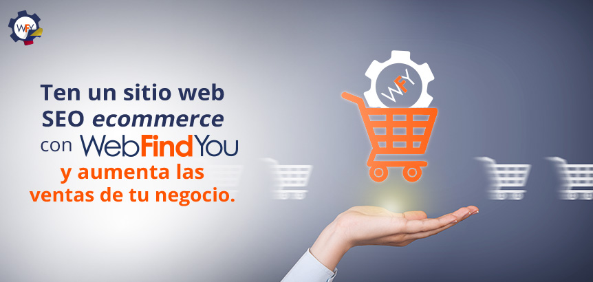 Mano con Carrito de Compras Ecommerce y Logo de WebFindYou Adentro