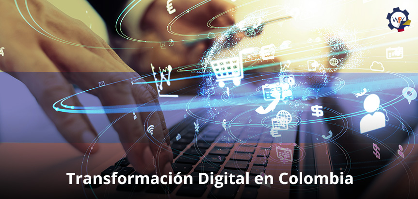 Mano Escribiendo Sobre Teclado de Laptop Más Remolino de Transformación Digital en Colombia