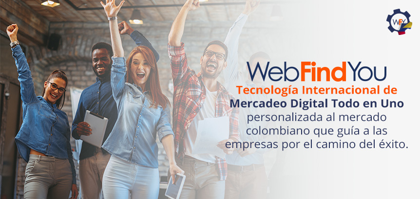 Empresarios Felices y con Manos en Alto Celebrando la Llegada de WebFindYou al Mercado Colombiano