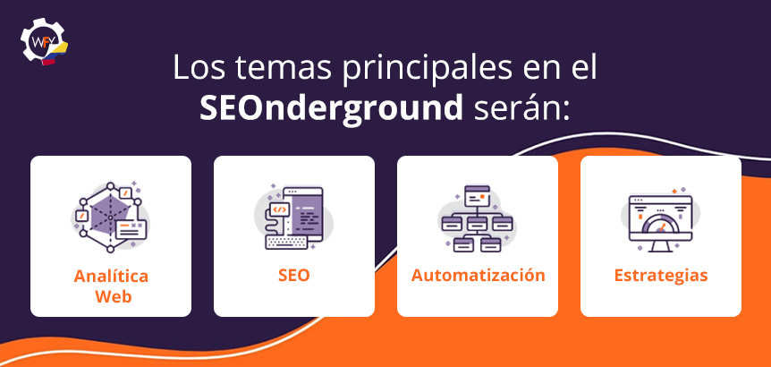 Cuatro conos que Representan los Temas del SEOnderground 2021: Analtica Web, SEO, Automatizacin y Estrategias