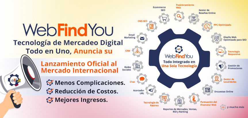 Mano Sosteniendo Megáfono que Anuncia Lanzamiento Internacional de WebFindYou y Engranaje de Piezas de Mercadeo Digital