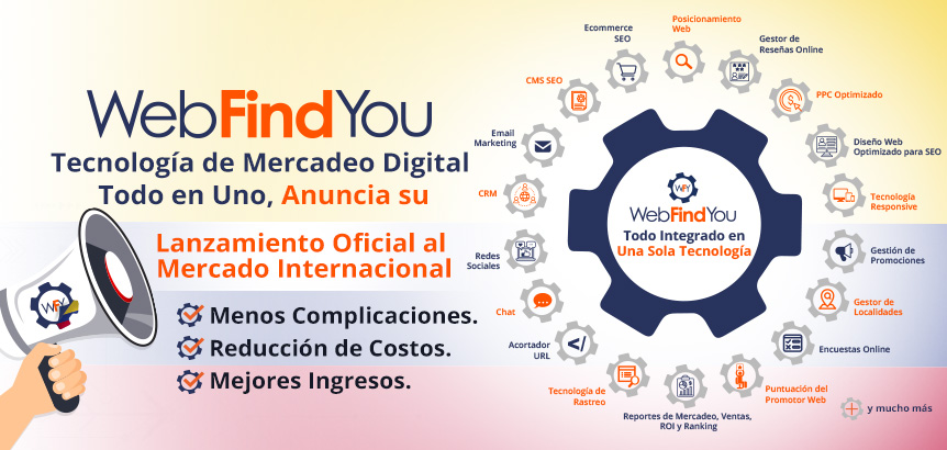 Mano Sosteniendo Megfono que Anuncia Lanzamiento Internacional de WebFindYou y Engranaje de Piezas de Mercadeo Digital