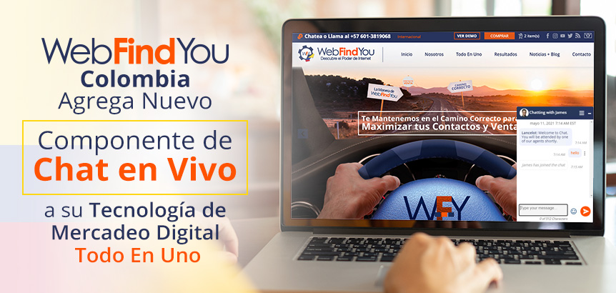 Empresario Utilizando Componente de Chat en Vivo de WebFindYou Colombia Desde su Laptop