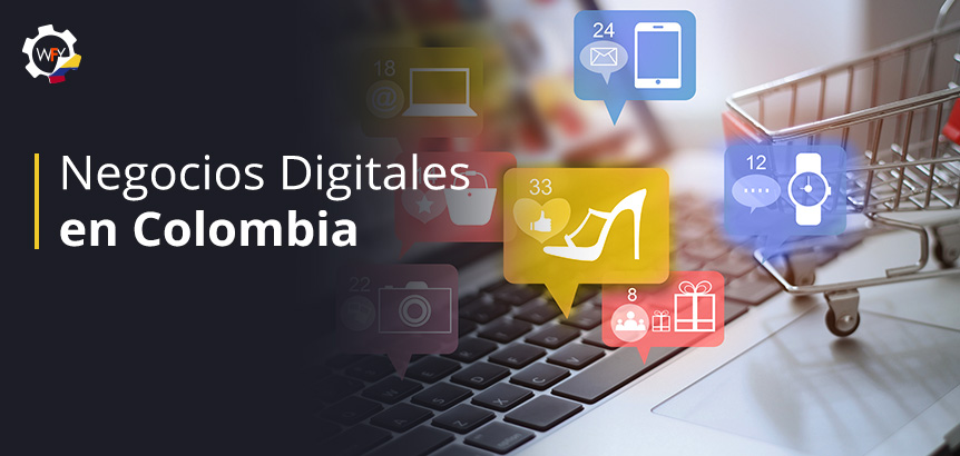 Laptop con Carrito Ecommerce e Íconos de Categorías de Compras en Negocios Digitales en Colombia