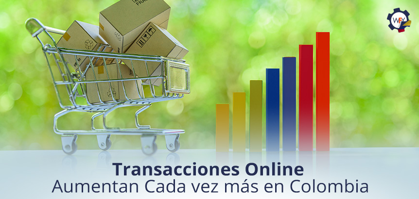 Carrito Ecommerce Lleno de Cajas y Barra de Colores que Representa Aumento de Transacciones Online en Colombia