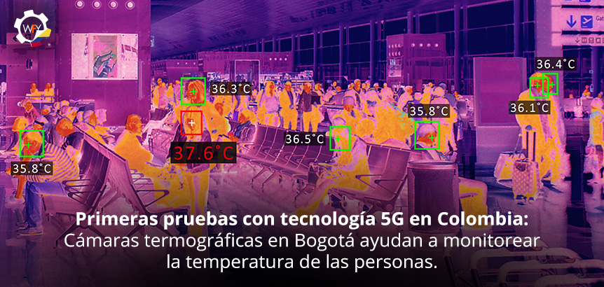 Hombres y Mujeres en Sala de Espera Reflejados en Monitor que Muestra sus Temperaturas Corporales