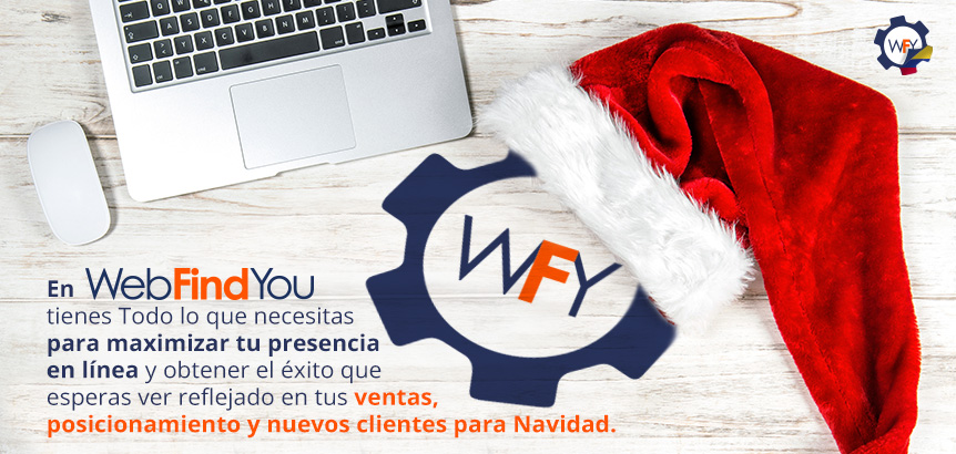 Composicin de Laptop, Gorro de Navidad y Logo de WebFindYou